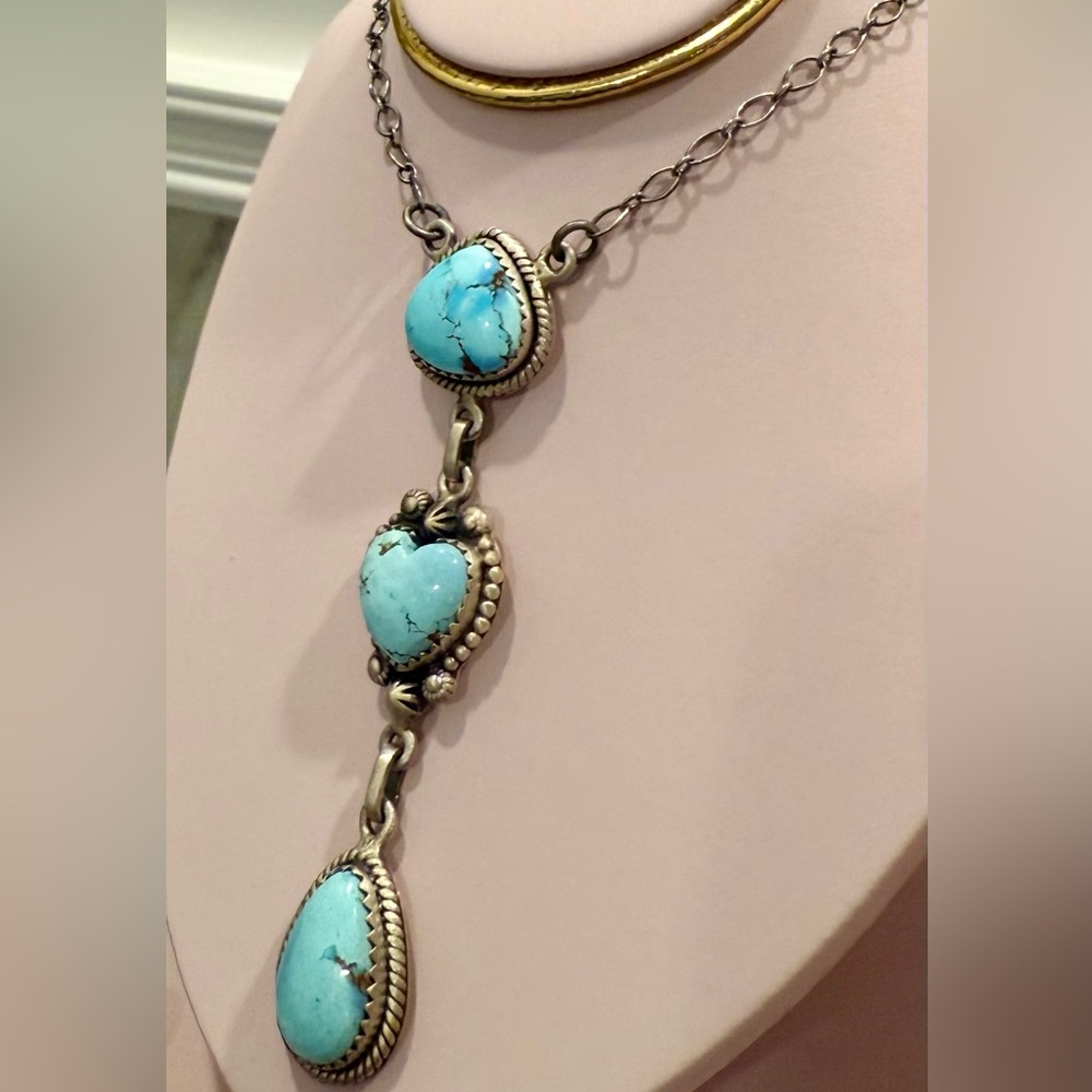 NGH17 RARE Golden Hills Turquoise Heart & Teardrop LARIAT Necklace/Choker S925 - Picture 3 of 3